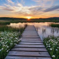 Fototapeta premium Serene Sunset Over Calm Water with Boardwalk and Wildflowers in the Foreground, Capturing Nature’s Tranquility and Beautiful Evening Sky