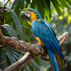 A stunning vibrant blue-and-yellow macaw with detailed feathers and lifelike textures.