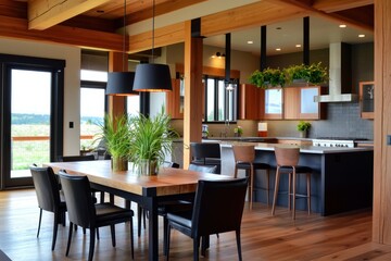 Fototapeta premium Inviting modern kitchen and dining area with natural wood accents and black pendant lights creating a warm and stylish atmosphere perfect for family gatherings
