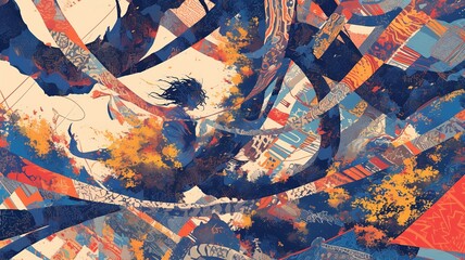 Abstract Figure Amidst Colorful Fragments