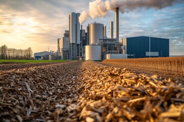 Industrial Biomass Power Plant at Sunset with Harvested Crops in Foreground