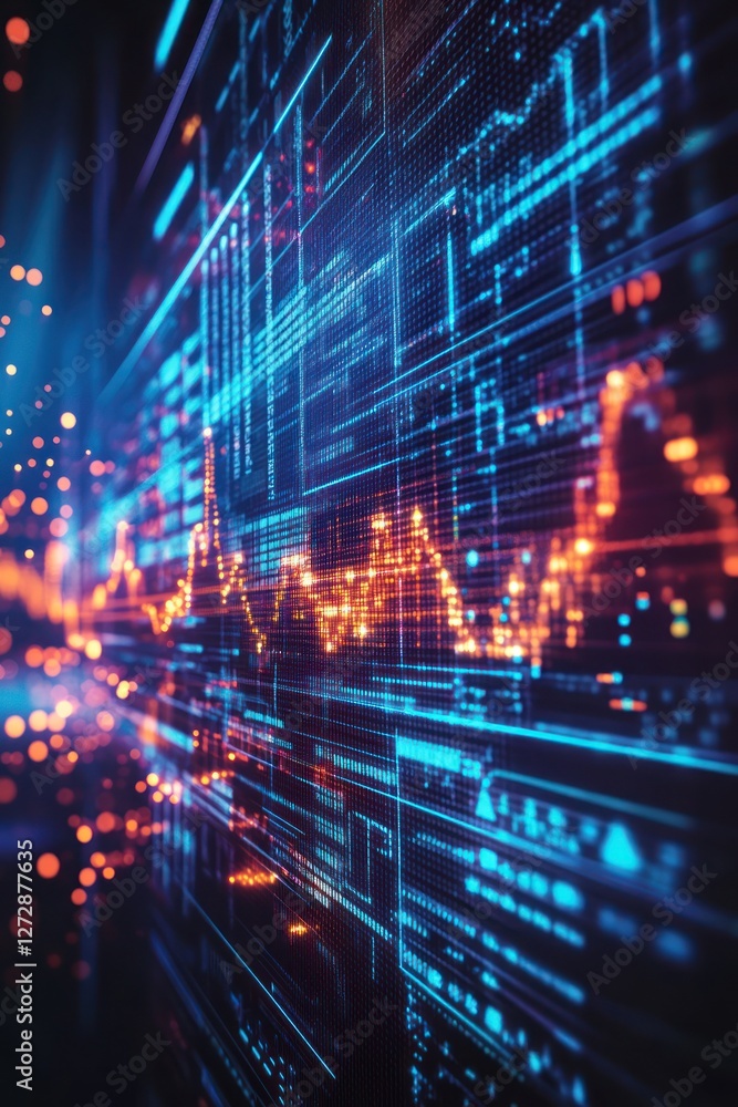 Poster abstract data visualization with glowing graphs and lines
