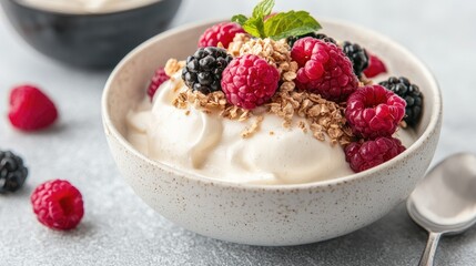 Yogurt parfait with berries and granola, healthy breakfast