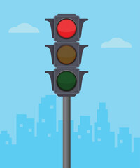 Pedestrian traffic light in the city background. The traffic lights turn red. Vector illustration