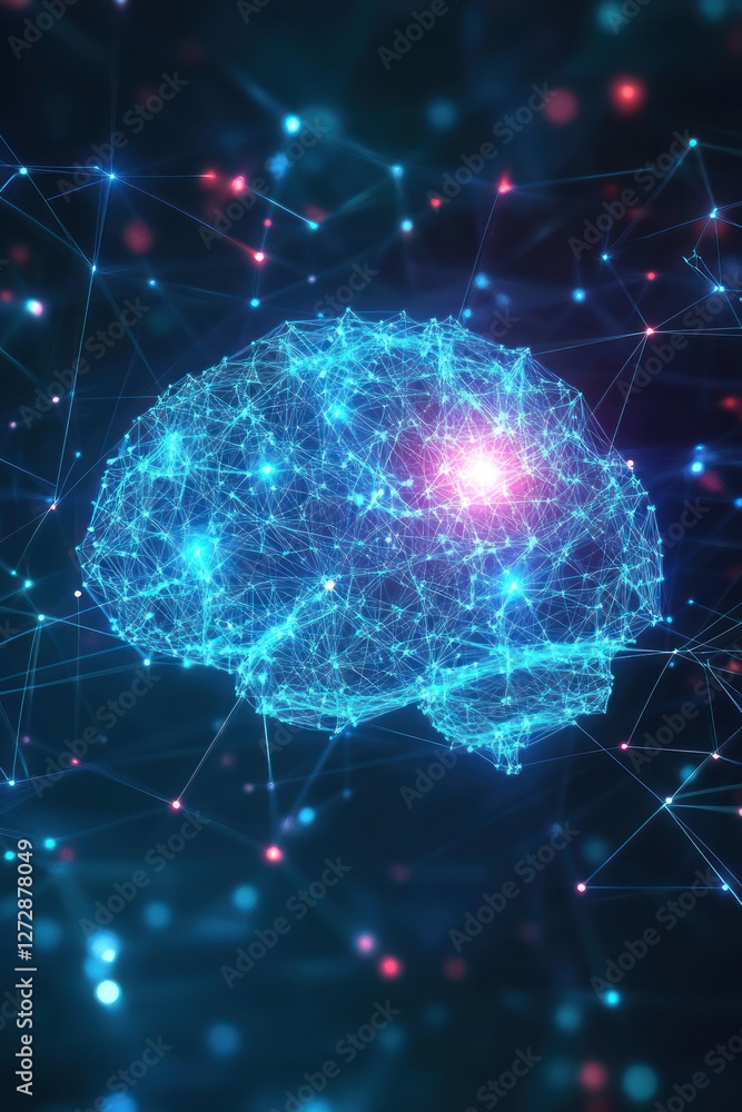 Poster abstract digital brain visualization with glowing nodes
