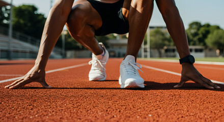 Runner at Starting Line Ready to Race, Athlete in Starting Blocks on Track, Generative AI image, Sprinter Preparing for Race on Running Track, Generative AI image