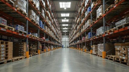 Fototapeta premium A spacious warehouse filled with organized shelves and boxes.