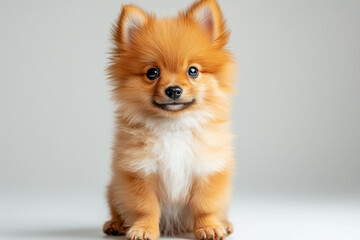 Fluffy Pomeranian Puppy: A Stunning Representation of Canine Cuteness and Irresistible Charm in Pristine Studio Setting