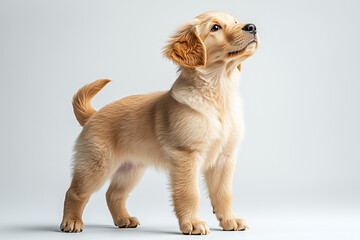 Golden-Hued Retriever Puppy Standing Majestically: A Breathtaking Portrait of Canine Elegance and Innocent Curiosity Captured in Stunning Studio Lighting