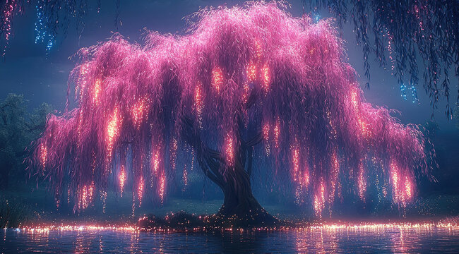 A beautiful pink and purple willow tree with glowing lights. In the background is an island with water that has blue glowing lights coming from it.