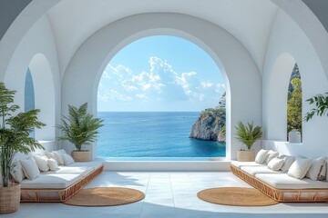 Fototapeta premium Luxury White Terrace with Arched Window Overlooking the Sea, Featuring Plants and Sun Loungers under a Light Blue Sky