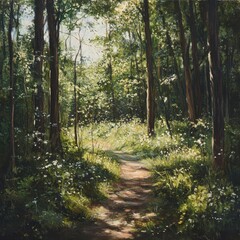 Obraz premium Sunlit Forest Pathway Surrounded by Lush Greenery and Wildflowers in a Peaceful Natural Setting Ideal for Outdoor Enthusiasts and Nature Lovers