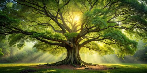 Fototapeta premium Ancient tree in warm light, green , earthy, green , earthy, forest, peaceful, sunlight, outdoor, blurred background