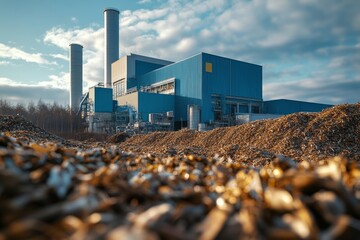 Industrial Biomass Power Plant with Wood Chip Fuel Piles Renewable Energy Generation