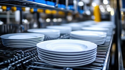 Stacked plates exiting commercial dishwasher, industrial kitchen