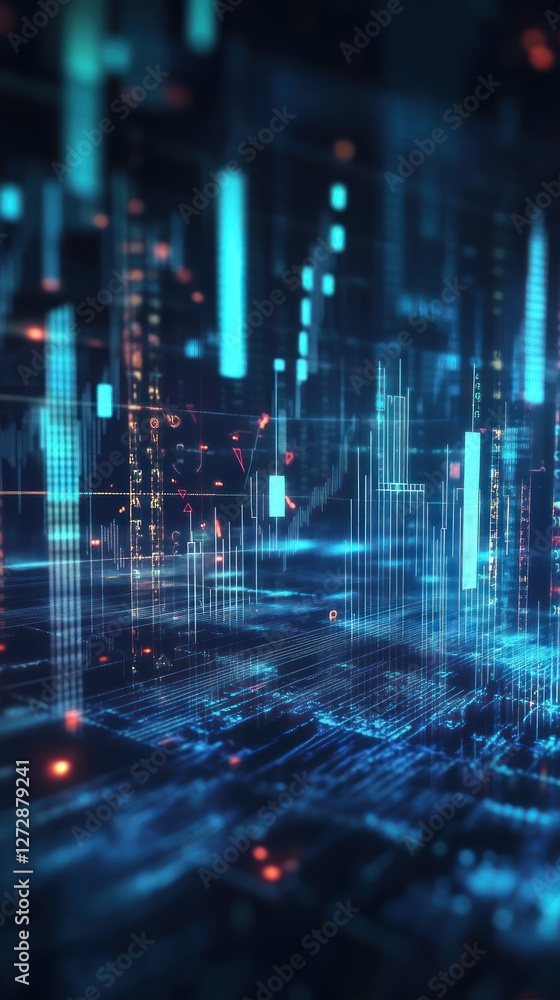 Poster abstract digital landscape with glowing blue and red lines, representing data flow and technology in