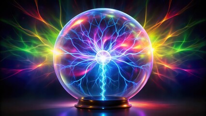 A vibrant plasma globe surrounded by a halo of colorful lightning bolts, emitting an otherworldly aura in a darkened environment, colorful discharge, lightning