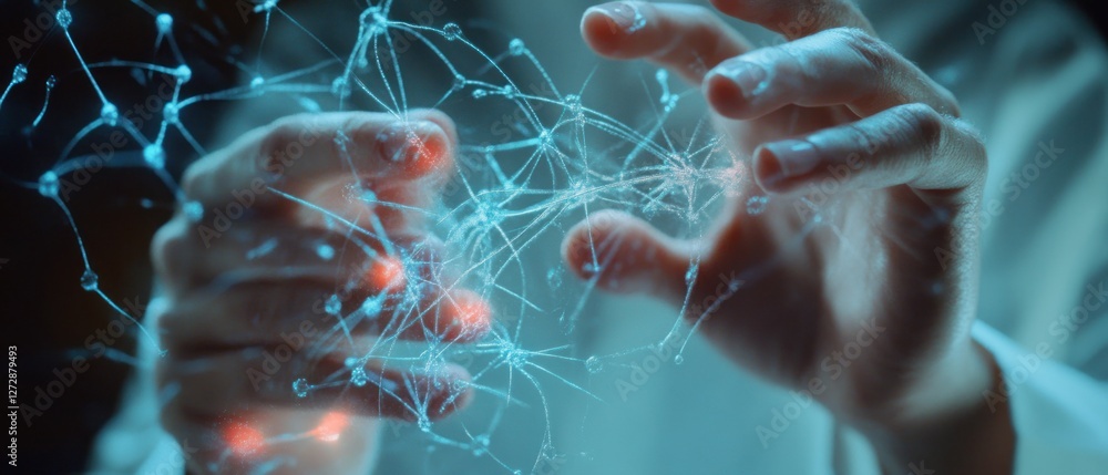 Poster scientist manipulating glowing neural connections in lab