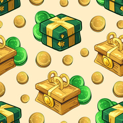 Seamless St. Patrick’s Day clover gift pattern. Lucky shamrock and green gift box pattern. Hand-drawn four-leaf clover and present design