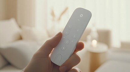 Hand holding minimalist white remote control.