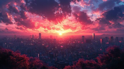 dusk in an abandoned city evocative anime wallpaper with desolate cityscape,vibrant colors view of the city