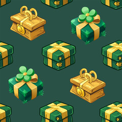 Seamless lucky clover and gold treasure pattern. Hand-drawn St. Patrick’s Day clover and gold box design. Green and gold shamrock-themed seamless background