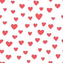 Seamless pattern with pink hearts. Template holiday vector illustration. Design for card, postcard, poster, print, banner. Cartoon colorful hearts on white background.