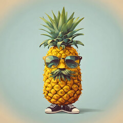 A fun and quirky illustration of a hipster pineapple wearing trendy glasses, representing culinary adventures and wanderlust.