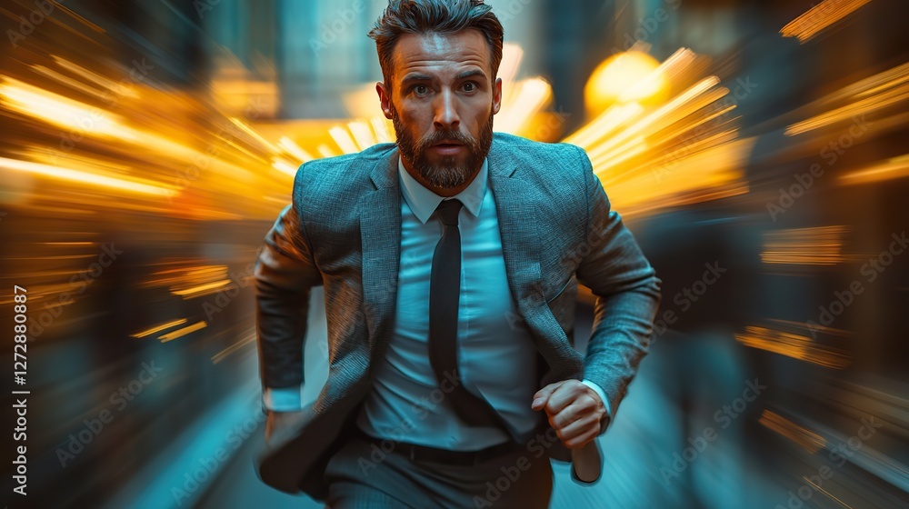 Poster dynamic businessman running at high speed against a blurred background symbolizing rapid success fas