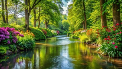 Obraz premium Serene water flows gently through dense foliage surrounded by tall trees with vibrant green leaves and colorful flowers , vibrant green leaves, forest river peaceful nature scenery
