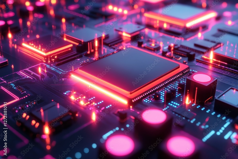 Poster a close-up view of a futuristic circuit board with glowing components, showcasing vibrant lights and