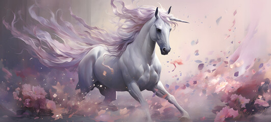 unicorn coming our of chrysalis, plain pastel purple background, ai generative