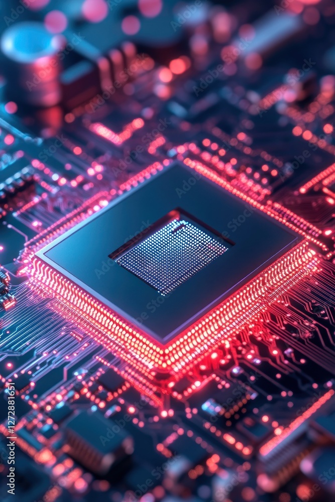 Poster close-up view of a modern microprocessor on a circuit board, illuminated by vibrant red and blue lig