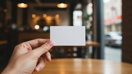 A hand holding a blank card in a cozy cafe setting.