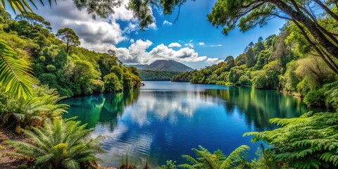Pristine volcanic lake surrounded by dense foliage, with trees leaning in towards the water's edge, creating a sense of intimacy and serenity, natural beauty, tranquil scenery
