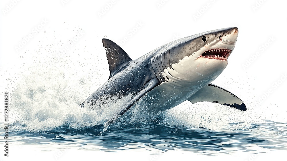 Poster dynamic shark jumping out of water with splash effect png style transparent background for ocean,mar
