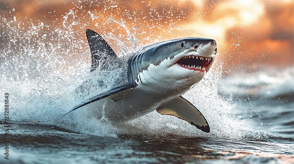 Poster dynamic shark jumping out of water with splash effect png style transparent background for ocean,mar