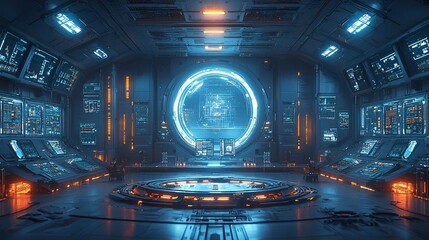 Obraz premium Futuristic spaceship interior with glowing portal