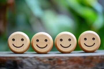 木製のスマイルアイコンで表す幸福感（ポジティブ・楽しい・嬉しい・喜び）