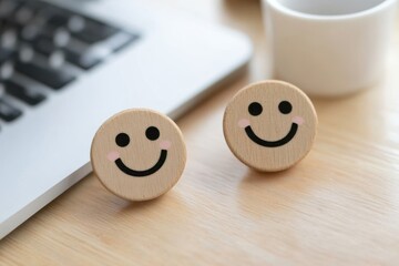 木製のスマイルアイコンで表す幸福感（ポジティブ・楽しい・嬉しい・喜び）