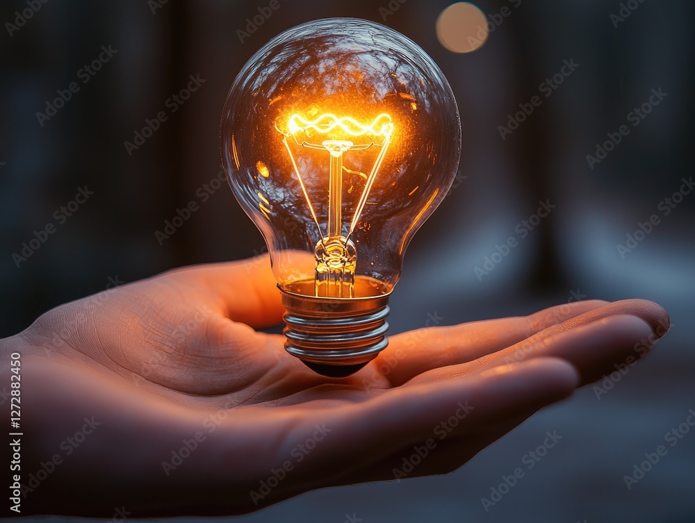 Poster a glowing light bulb representing a bright business idea, floating above an open hand. soft golden g