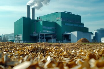 Modern Green Biomass Power Plant with Wood Chip Fuel Pile