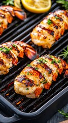 Grilled lobster tails garnished with herbs and lemon on a cast iron grill, showcasing a delicious seafood dish.