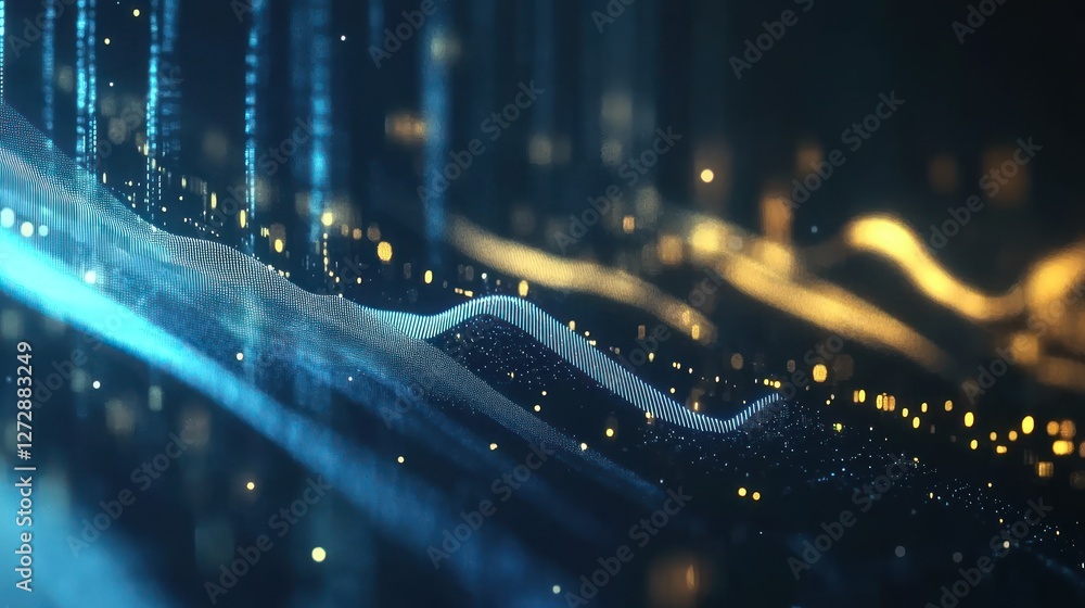 Poster abstract digital waves of blue and gold light create a mesmerizing visual effect, symbolizing data f