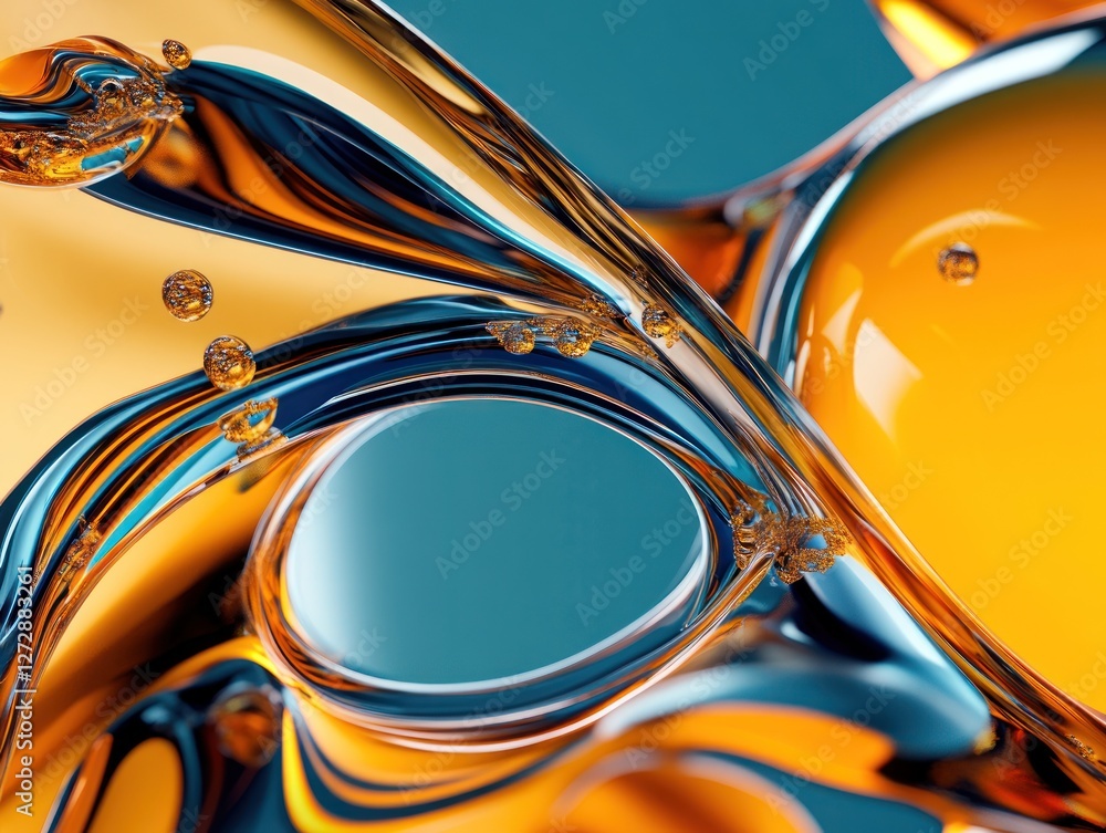 Poster abstract composition of swirling liquid shapes in vibrant orange and blue hues, creating a dynamic v