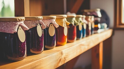 Colorful Jars of Homemade Jam on Wooden Shelf in Cozy Kitchen