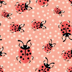 Fashion animal seamless pattern with colorful ladybird on white background. Cute holiday illustration with ladybags for baby. Design for invitation, poster, card, fabric, textile.