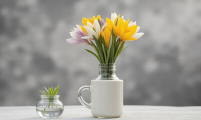 Fototapeta premium Crocuses (Crocus) small, elegant vase with water tinted light violet, holding a neat bundle of crocus flowers in shades