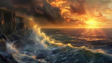 Fototapeta premium A dramatic coastal cliff with waves crashing against it and the setting sun in the background --ar 16:9 --v 6 Job ID: d66c50ab-a1cc-4aae-a5bd-e08e787a1020