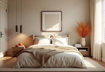 Cozy Neutral Bedroom Design: Cream and Beige Palette, Textured Bedding, Subtle Orange and Brown Fall Accents, Perfect for Relaxing Home Decor.

